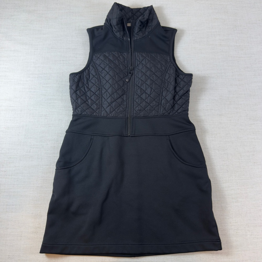 Athleta Black Quilted Hybrid Sleeveless Zip Front Pocket Dress Mock Neck